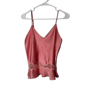 Victoria Secret Women Medium Pink Satin Camisole Pajama Tank Lace Floral Cut Out